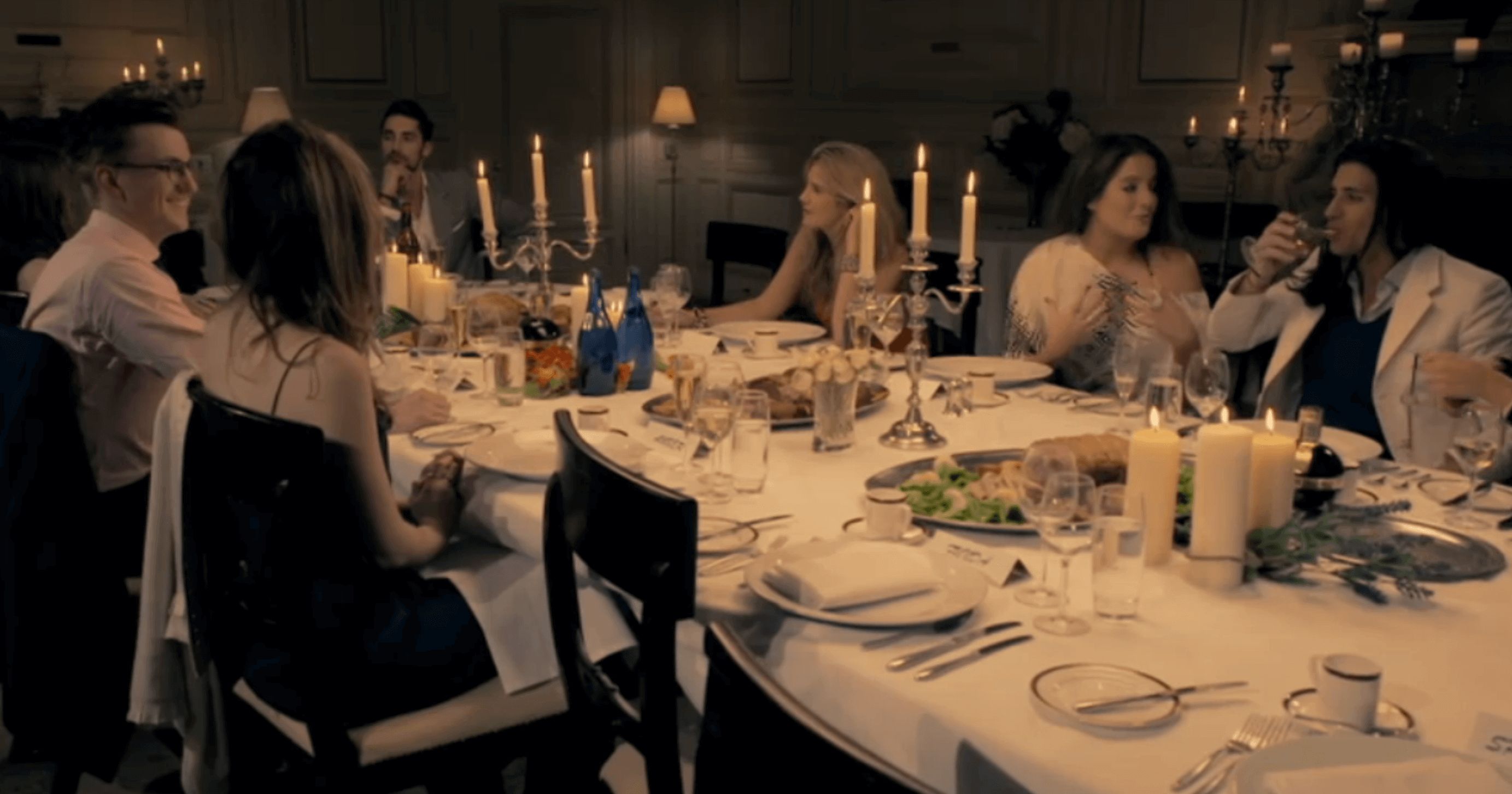 Image may contain: Made in Chelsea is staged, Made in Chelsea, series one, season 1, first episode, dinner party, Binky, Ollie Locke, Home Decor, Tablecloth, Glass, Room, Indoors, Dining Room, Restaurant, Dining Table, Table, Human, Person, Chair, Furniture
