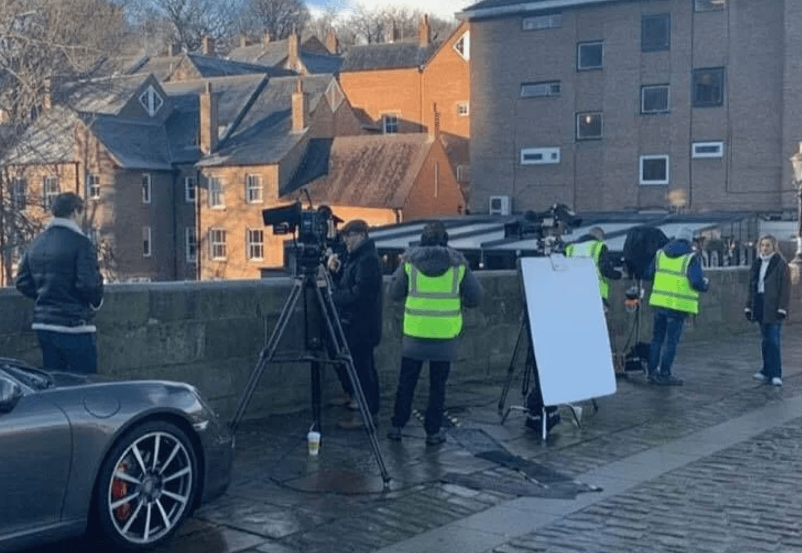 Image may contain: Made in Chelsea is staged, Made in Chelsea, MIC, Tripod, Automobile, Transportation, Vehicle, Car, Human, Person