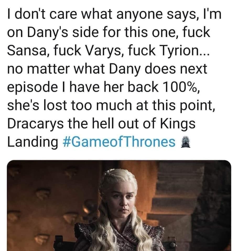 Image may contain: Game of Thrones season 8 episode 4 memes, Game of Thrones memes, Game of Thrones, meme, funny, GoT, reaction, tweet, Dany, Daenerys, Starbucks, cup, Apparel, Clothing, Face, Text, Person, Human
