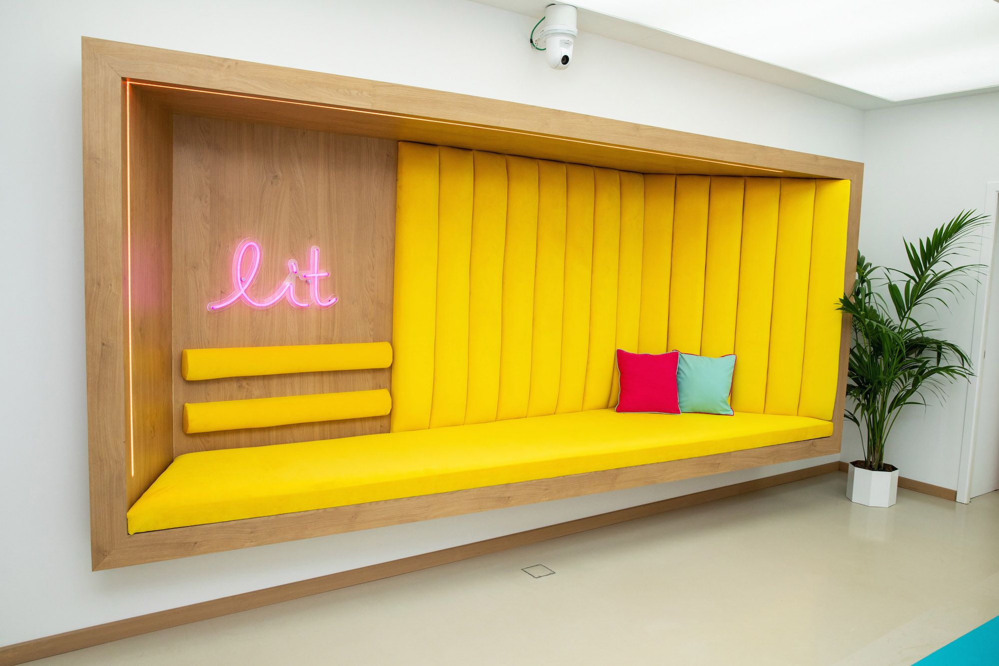 Image may contain: Love Island villa, Love Island, 2019, location, Corner, Cushion, Housing, Building, Home Decor, Waiting Room, Indoors, Room, Couch, Furniture