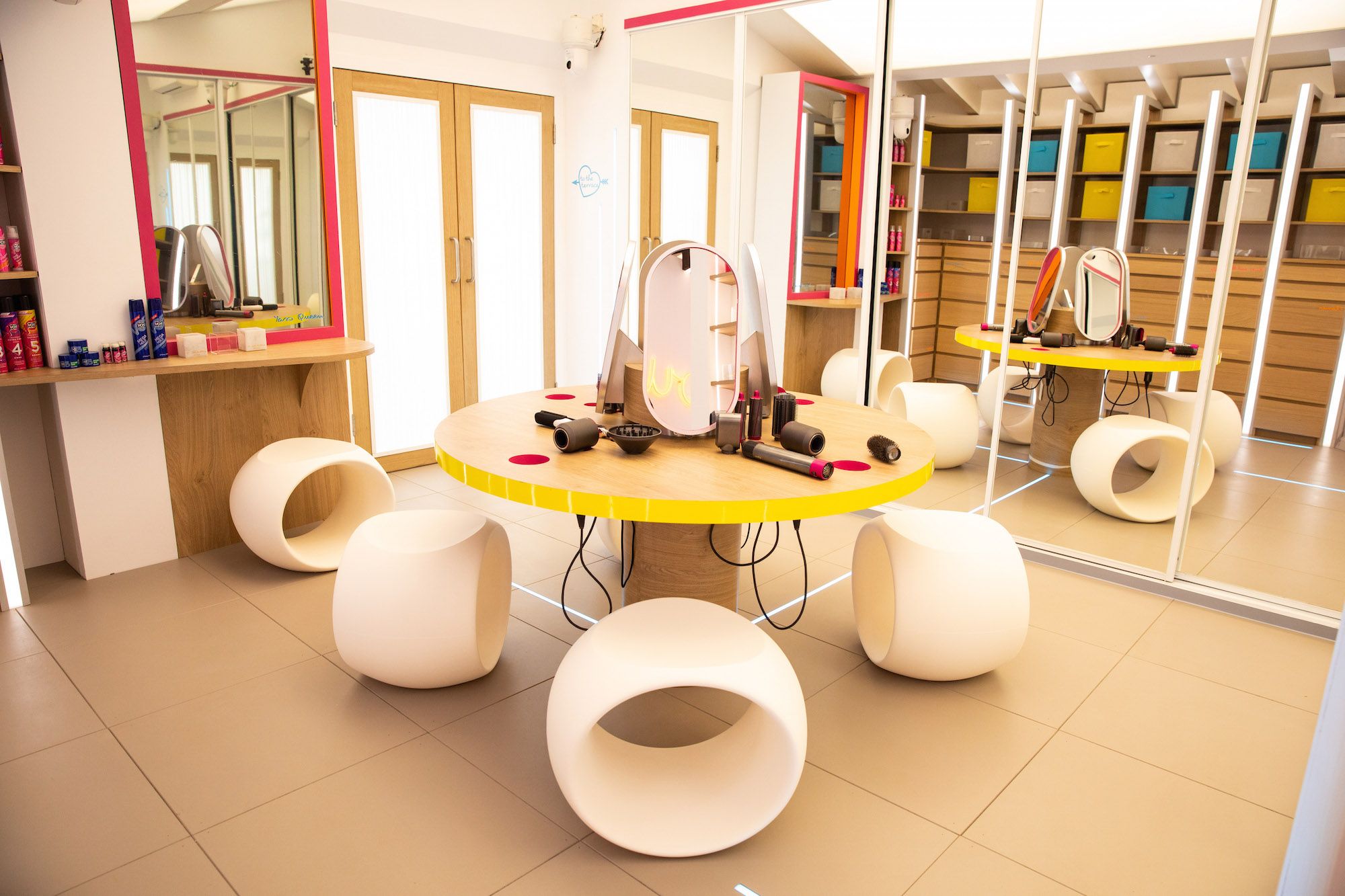 Image may contain: Love Island villa, Love Island, 2019, location, Sant Llorenç des Cardassar, Majorca, pictures, inside, first look, Lighting, Plywood, Wood, Flooring, Desk, Room, Indoors, Interior Design, Table, Furniture