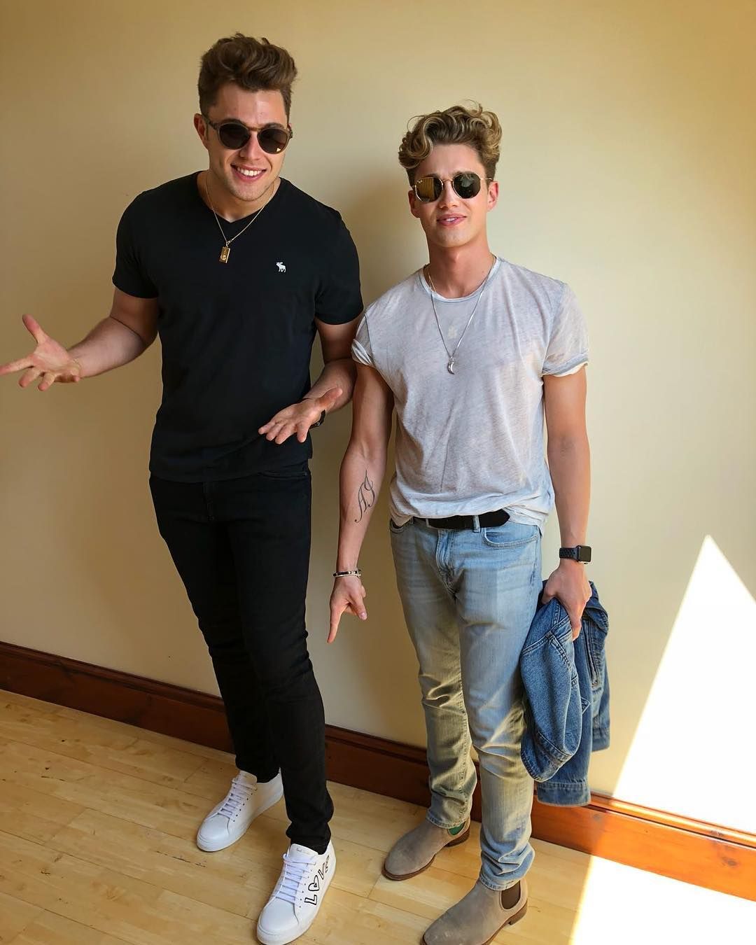 Image may contain: Curtis Pritchard, Love Island 2019, contestant, rumoured, Islander, cast, Strictly, AJ Pritchard, Love Island,Man, Hardwood, Pants, Flooring, Wood, Accessory, Accessories, Sunglasses, Human, Person, Shoe, Apparel, Clothing, Footwear