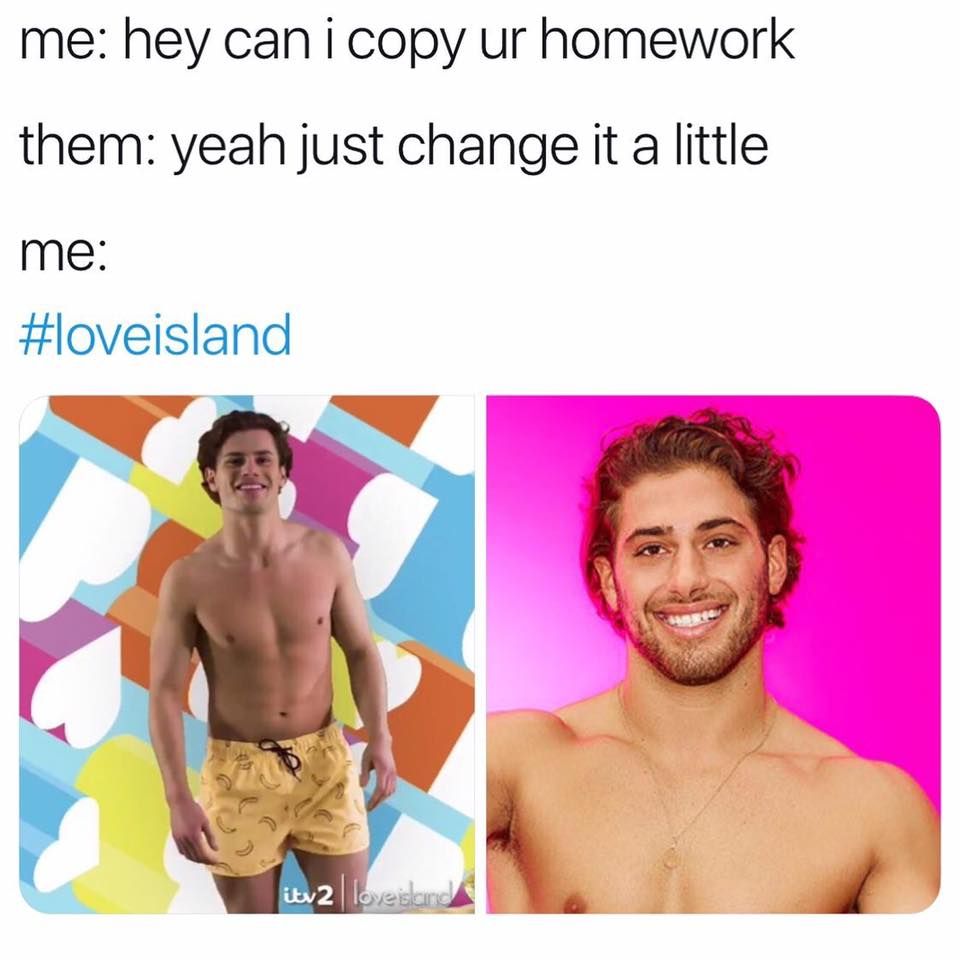 Image may contain: Love Island comparison memes, Love Island, 2019, meme, Joe Garratt, Kem Cetinay, contestant, Skin, Man, Advertisement, Poster, Shorts, Clothing, Apparel, Face, Human, Person