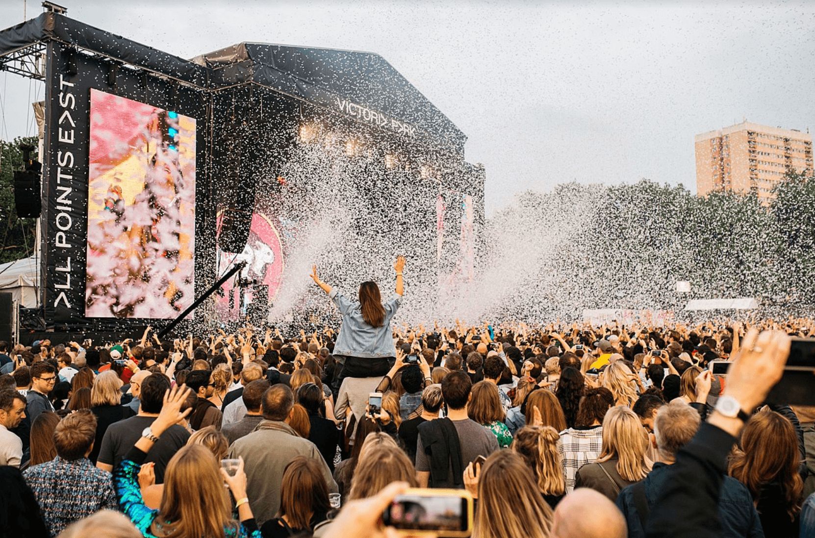 Image may contain: Festival Guide, 2019, festivals, UK, summer, what to wear, tickets, line up, All Points East,Stage, Festival, Person, Crowd, Human, Audience