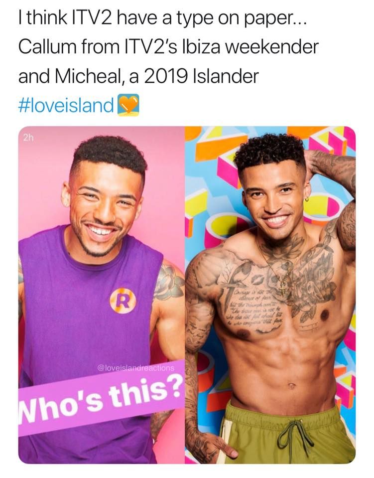 Image may contain: Love Island comparison memes, lookalike, Love Island, 2019, Michael Griffiths, Callum Izzard, Ibiza Weekender, meme, tweet, Tattoo, Face, Person, Human, Skin