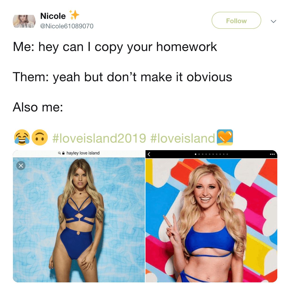 Image may contain: Love Island comparison meme, Love Island, 2019, can I copy your homework, Hayley Hughes, Amy Hart, contestant, Woman, Swimwear, Flyer, Brochure, Paper, Poster, Advertisement, Female, Text, Clothing, Apparel, Human, Person
