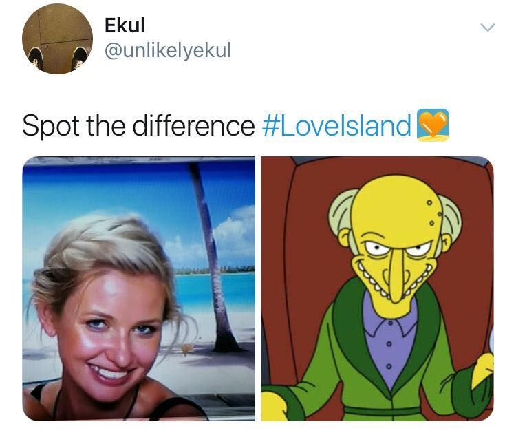 Image may contain: Love Island week two memes, Love Island, memes, reactions, tweet, funny, savage, meme, Amy, The Simpsons, Mr Burns, Advertisement, Poster, Face, Human, Person