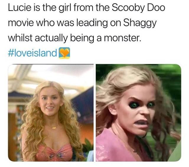Image may contain: Love Island episode one memes, Lucie, Scooby Doo, meme, Love Island, 2019, reaction, tweet, funny, Apparel, Clothing, Document, Id Cards, Text, Smile, Child, Woman, Girl, Teen, Blonde, Female, Kid, Person, Face, Human