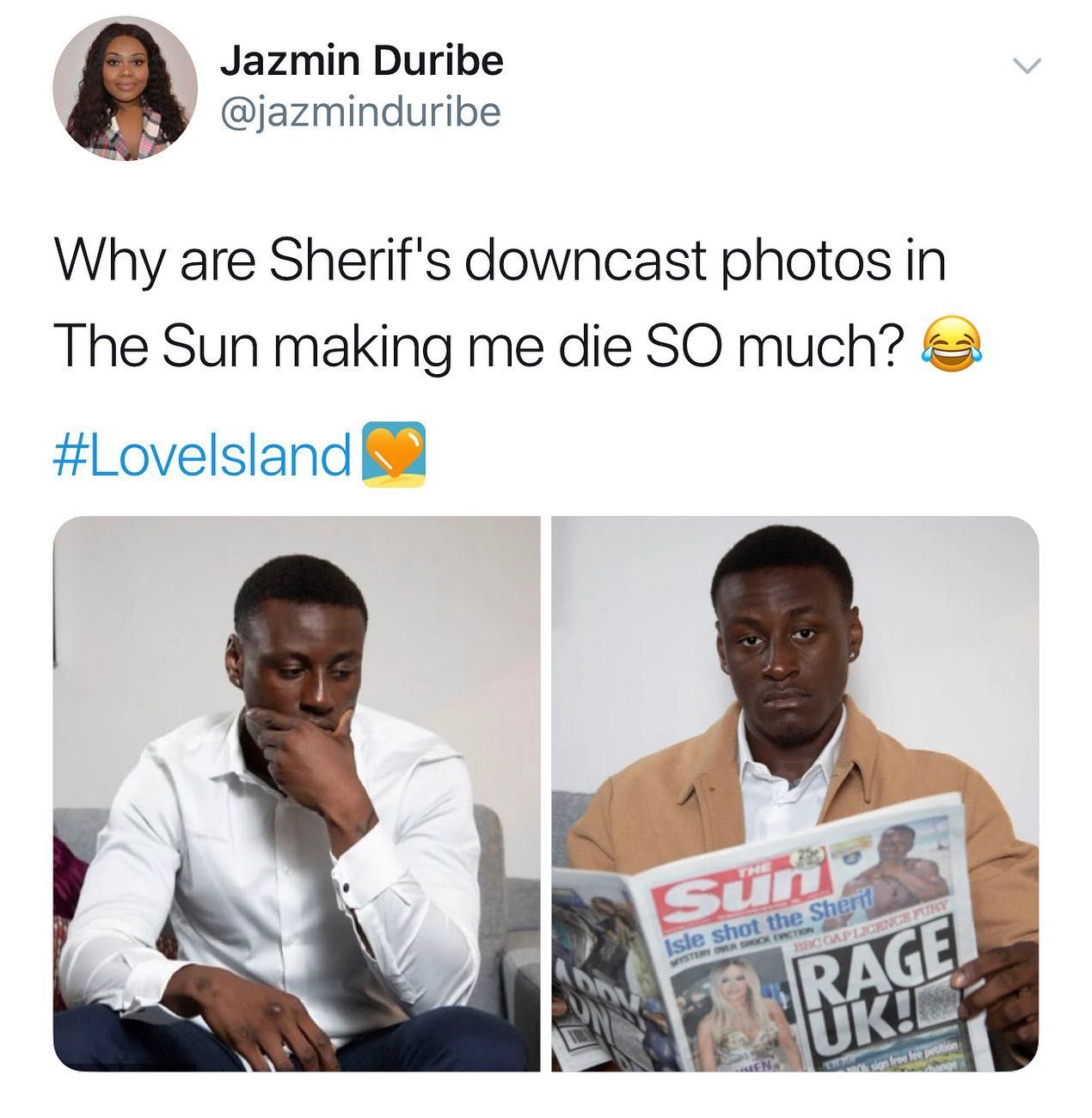 Image may contain: Love Island week two memes, Love Island, memes, reactions, tweet, funny, savage, meme, Sherif, The Sun, Apparel, Shirt, Clothing, Newspaper, Text, Person, Human