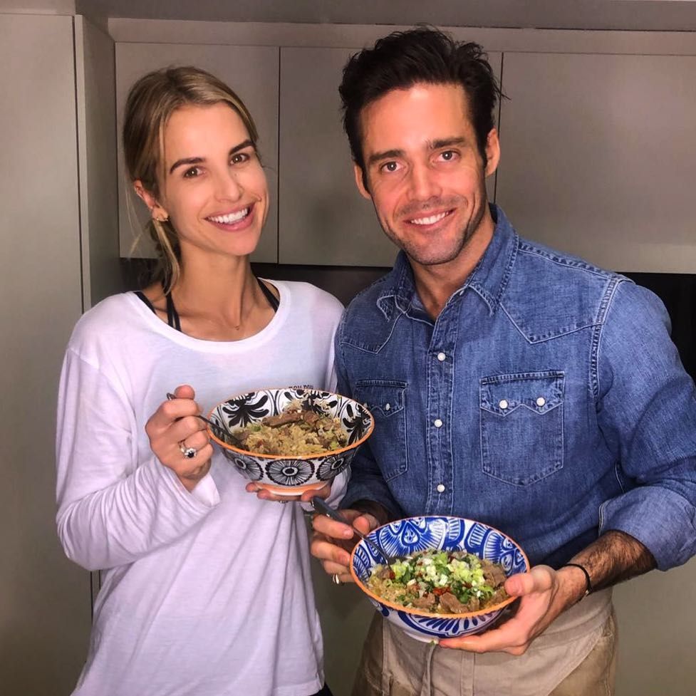 Image may contain: Made in Chelsea cast now, Made in Chelsea, cast, then, now, before, after, iconic, original, season one, Spencer, Matthews, wife, Vogue Williams, family, 2019, Bowl, Eating, Burger, Clothing, Pants, Apparel, Food, Human, Person