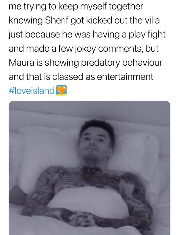 Image may contain: Love Island week two memes, Love Island, memes, reactions, tweet, funny, savage, meme, Michael, Sherif, Furniture, Bed, Head, Pillow, Cushion, Person, Human, Face