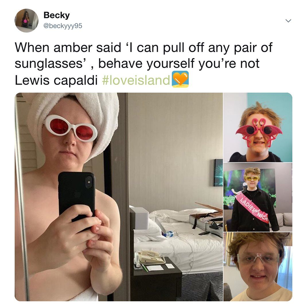 Image may contain: Love Island week one memes, Love Island, 2019, memes, so far, week one, series five, funny, reaction, tweet, Lewis Capaldi, Amber, sunglasses, Goggles, Phone, Clothing, Apparel, Electronics, Glasses, Bed, Furniture, Face, Sunglasses, Accessory, Accessories, Person, Human