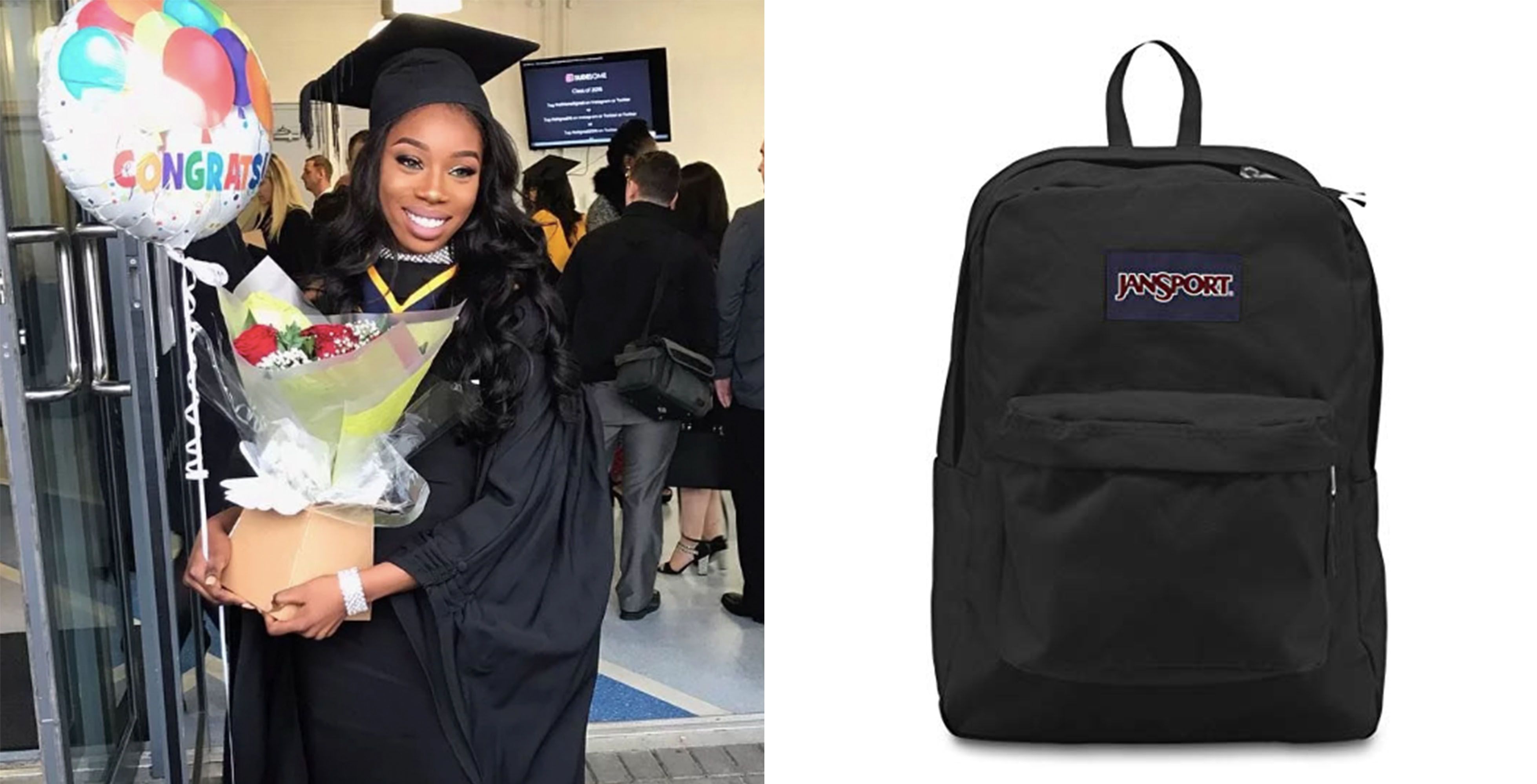 Image may contain: Graduation, Clothing, Apparel, Helmet, Person, Human, Backpack, Bag