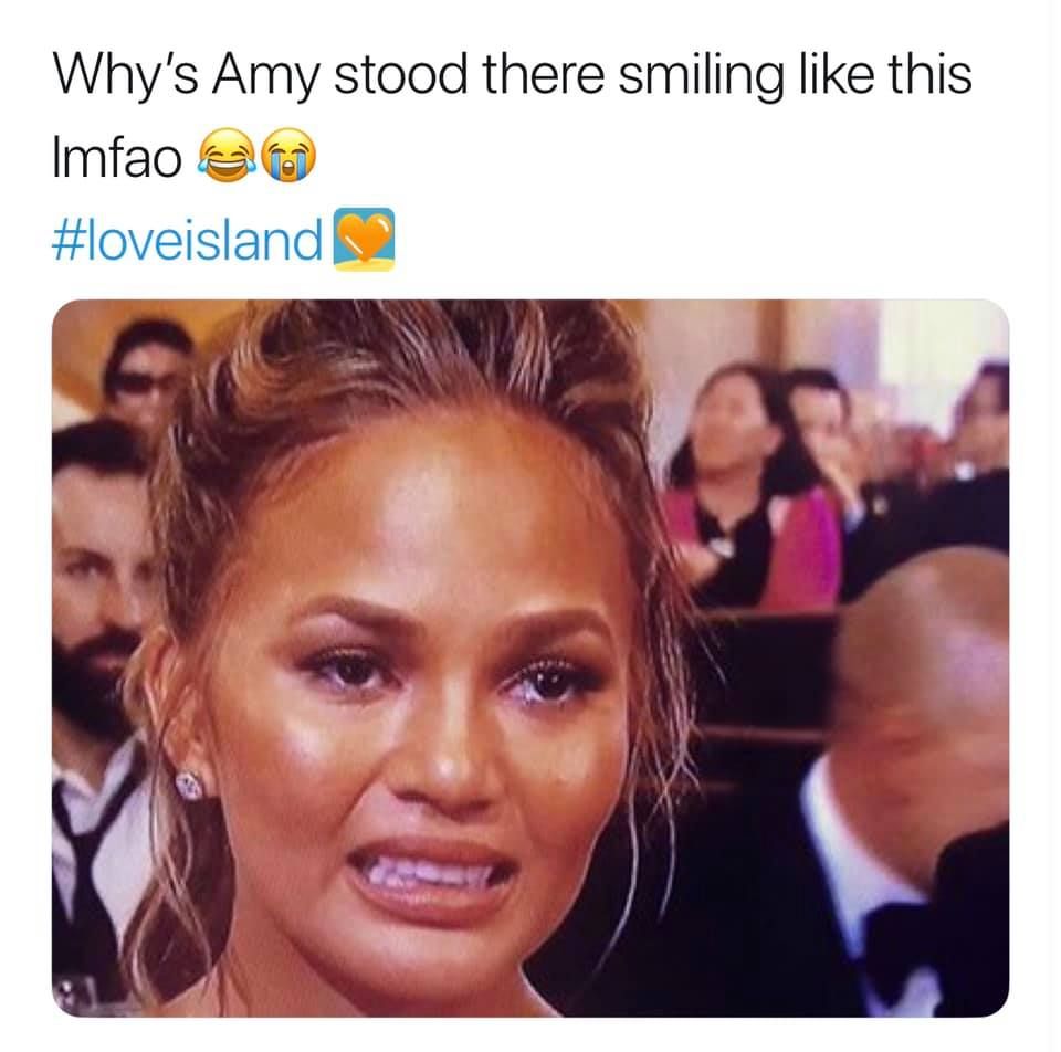 Image may contain: Love Island week two memes, Love Island, memes, reactions, tweet, funny, savage, meme, Amy, face, Head, Hair, Smile, Human, Person, Face