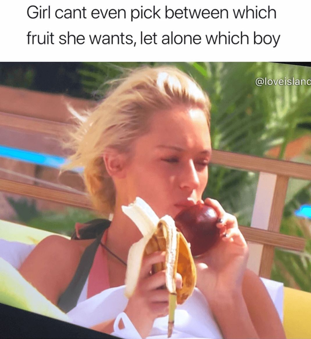Image may contain: Love Island week one memes, Love Island, meme, 2019, funny, reaction, tweet, Lucie, banana, apple, food, Joe, series five, best moments, Hot Dog, Food, Human, Person