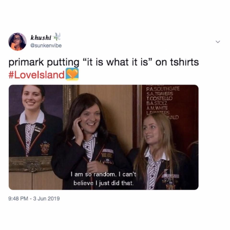Image may contain: Love Island episode one memes, Love Island, meme, primark, it is what it is, 2019, funny,  Id Cards, Document, Apparel, Clothing, Poster, Text, Face, Advertisement, Human, Person