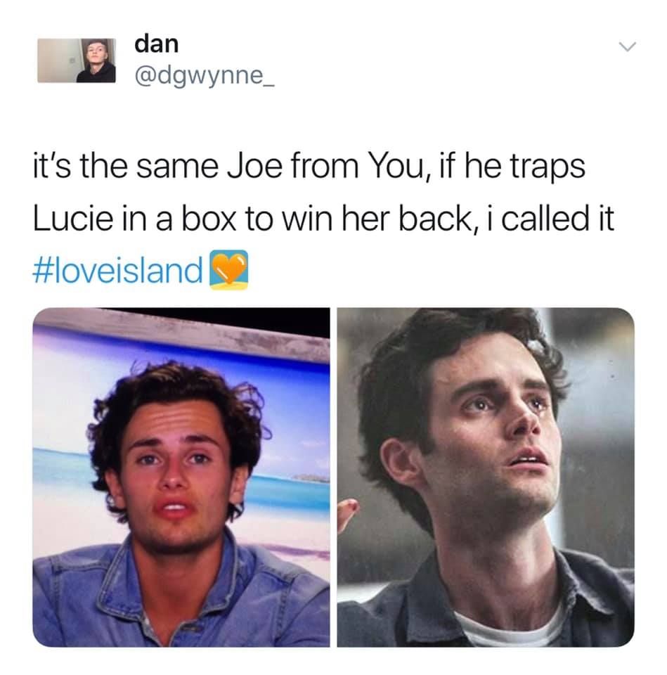Image may contain: Joe from Love Island, Joe, Love Island, You, Netflix, meme, Lucie, Jaw, Head, Text, Face, Person, Human