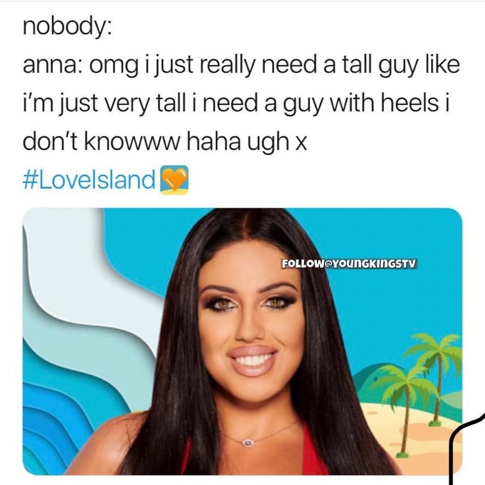 Image may contain: Love Island episode one memes, Anna, Love Island, meme, 2019, Jaw, Smile, Paper, Poster, Advertisement, Text, Face, Human, Person