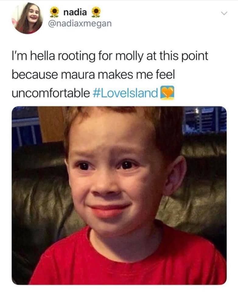 Image may contain: Love Island week two memes, Love Island, memes, reactions, tweet, funny, savage, meme, Molly-Mae, Tommy, Maura, Kid, Child, Apparel, Clothing, Boy, Text, Photography, Portrait, Photo, Head, Smile, Person, Human, Face