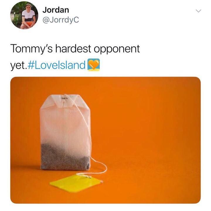 Image may contain: Love Island week one memes, Love Island, memes, 2019, Tommy, Lucie, teabag, tea, funny, tweet, reactions, contestants, Paper, Person, Human