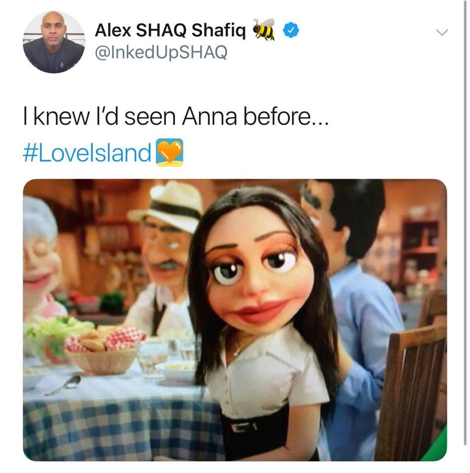 Image may contain: Love Island episode one memes, Anna, meme, Love Island, 2019, People, Accessory, Accessories, Sunglasses, Hat, Apparel, Clothing, Text, Food, Meal, Human, Person