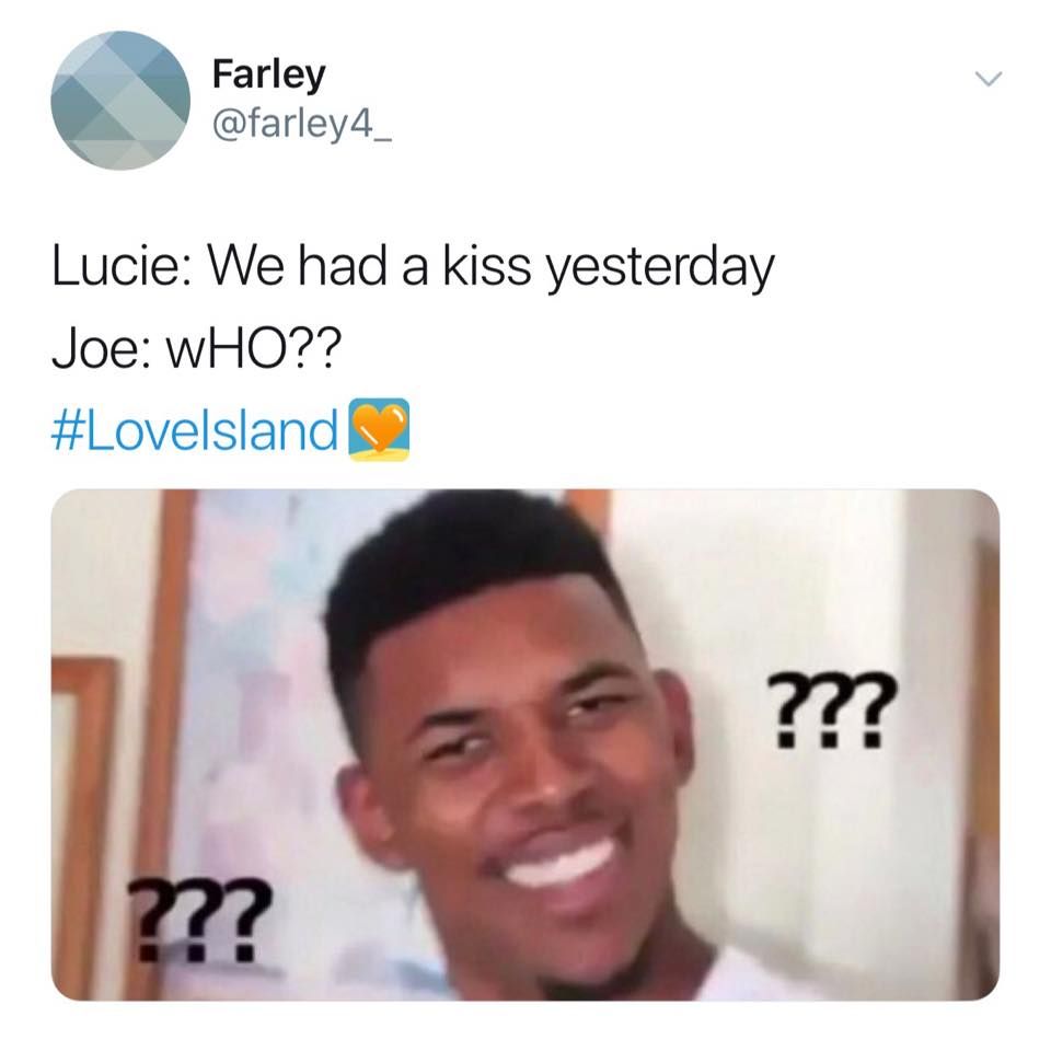 Image may contain: Joe from Love island, Joe, Love Island, Netflix, You, Joe Goldberg, Lucie, meme, last night, Photo, Photography, Portrait, Head, Document, Id Cards, Text, Smile, Human, Face, Person