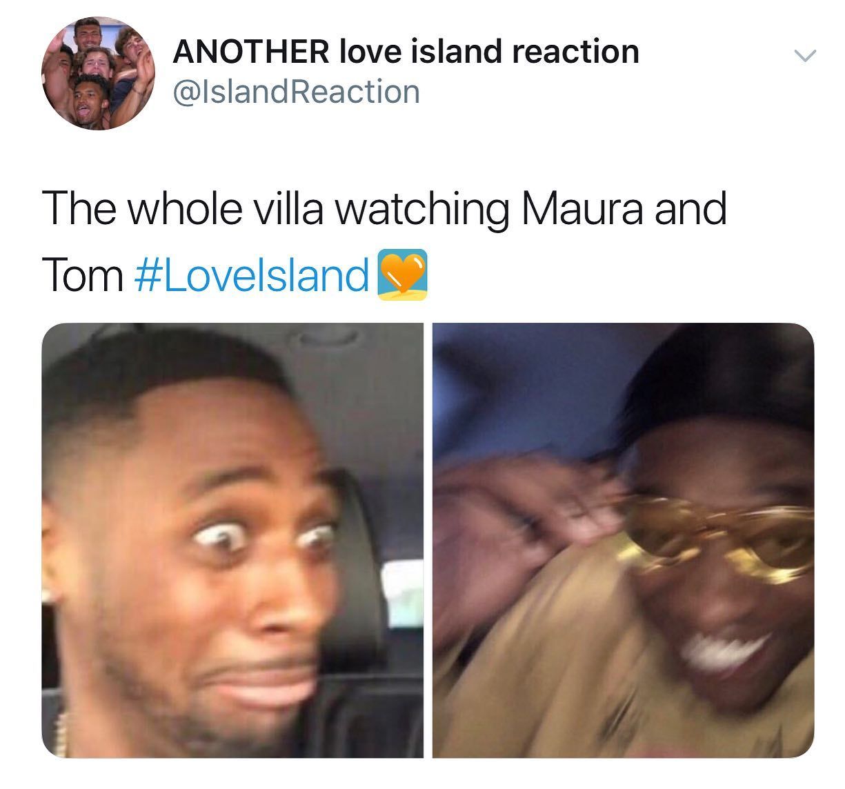 Image may contain: Maura and Tom Love Island, Tom, Maura, Higgins, Love Island, 2019, best moment, moment, all mouth, comment, memes, reaction, twitter, funny, savage, Photography, Portrait, Photo, Id Cards, Document, Head, Text, Accessories, Accessory, Glasses, Face, Person, Human