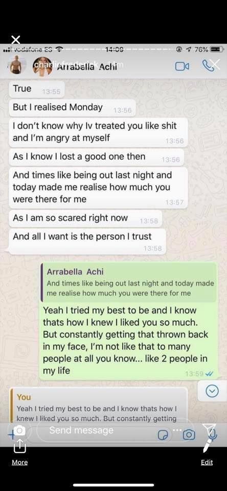 Image may contain: Arabella and Charlie Frederick, Arabella Chi, Charlie Frederick, Love Island, screen shots, DMs, messages, together, girlfriend, boyfriend, leaked, Poster, Paper, Flyer, Brochure, Advertisement, Text Message, Text