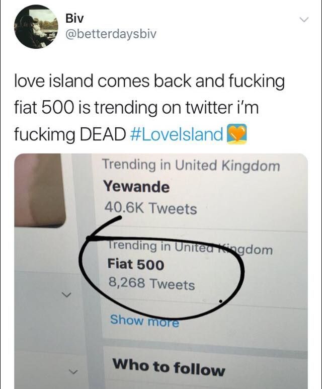 Image may contain: Love Island episode one memes, meme, Love Island, Fiat 500, twitter, funny, Text