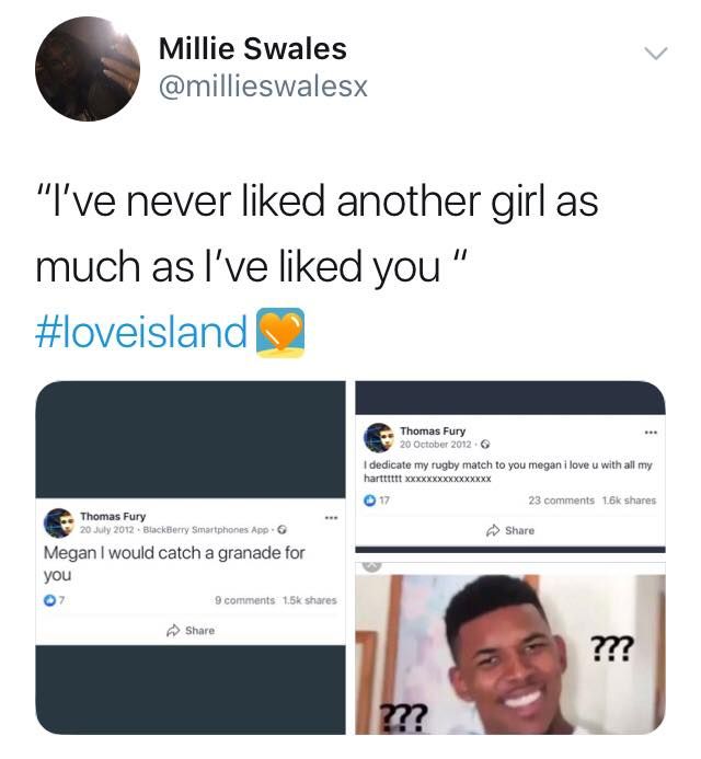 Image may contain: Love Island week two memes, Love Island, memes, reactions, tweet, funny, savage, meme, Tommy, Megan, Facebook, Text Message, Id Cards, Document, Face, Human, Person, Text