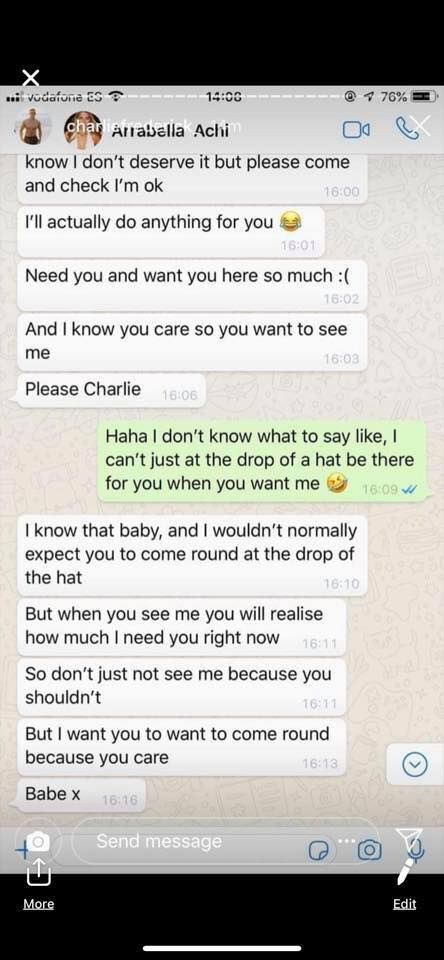 Image may contain: Arabella and Charlie Frederick, Arabella Chi, Charlie Frederick, Love Island, screen shots, DMs, messages, together, girlfriend, boyfriend, leaked, Text Message, Text
