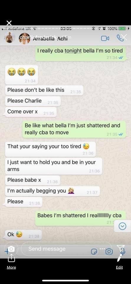 Image may contain: Arabella and Charlie Frederick, Arabella Chi, Charlie Frederick, Love Island, screen shots, DMs, messages, together, girlfriend, boyfriend, leaked, Text Message, Text