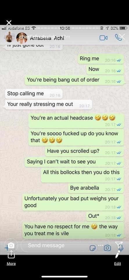 Image may contain: Arabella and Charlie Frederick, Arabella Chi, Charlie Frederick, Love Island, screen shots, DMs, messages, together, girlfriend, boyfriend, leaked, Text Message, Text
