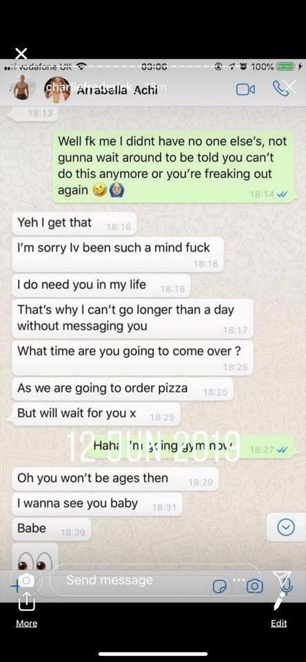 Image may contain: Arabella and Charlie Frederick, Arabella Chi, Charlie Frederick, Love Island, screen shots, DMs, messages, together, girlfriend, boyfriend, leaked, Text Message, Text