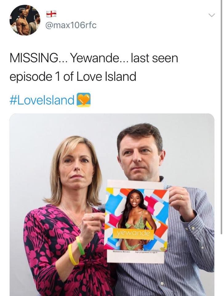 Image may contain: Love Island week one memes, Love Island, memes, tonight, last night, 2019, tweet, reaction, missing, Madeleine McCann, Yewande, Woman, Face, People, Female, Text, Human, Person