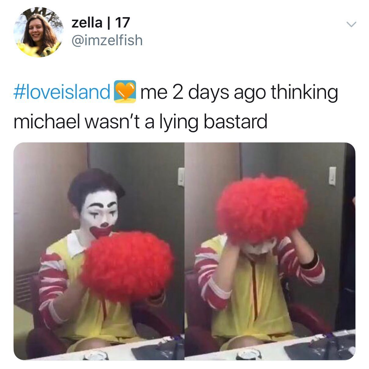 Image may contain: Casa Amor Love Island memes, Love Island, Casa Amor, meme, reaction, tweet, funny, savage, best, Twitter, Michael, Clown, Hair, Human, Person, Performer