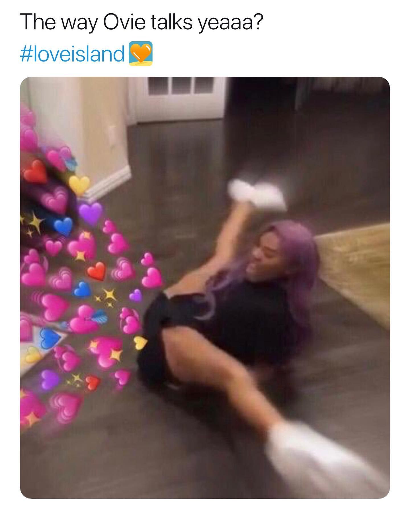 Image may contain: Casa Amor Love Island memes, Love Island, Casa Amor, meme, reaction, tweet, funny, savage, best, Twitter, Ovie, Anna, Face, Girl, Ball, Floor, Female, Person, Human