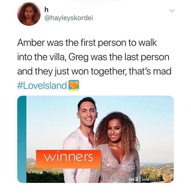 Image may contain: Love Island final memes, Love Island, final, 2019, meme, reaction, twitter, funny, best, winners, Amber, Greg, Female, People, Face, Text, Human, Person