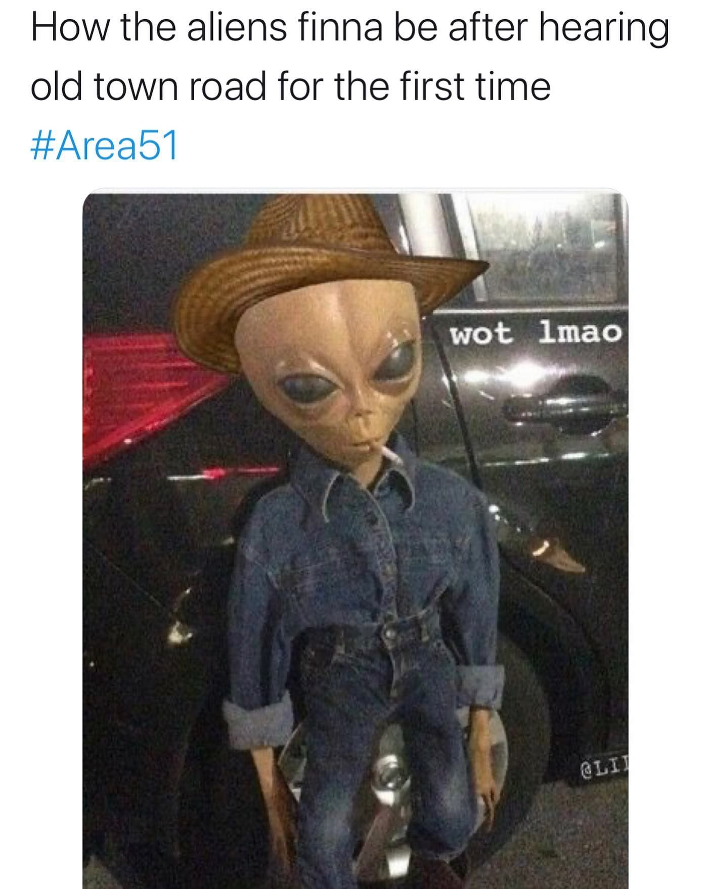 Image may contain: Area 51 memes, Area 51, meme, reaction, twitter, Las Vegas, Nevada, where, origin, explained, what is Area 51, alien, old town road, Figurine, Jeans, Denim, Person, Human, Pants, Apparel, Clothing, Hat