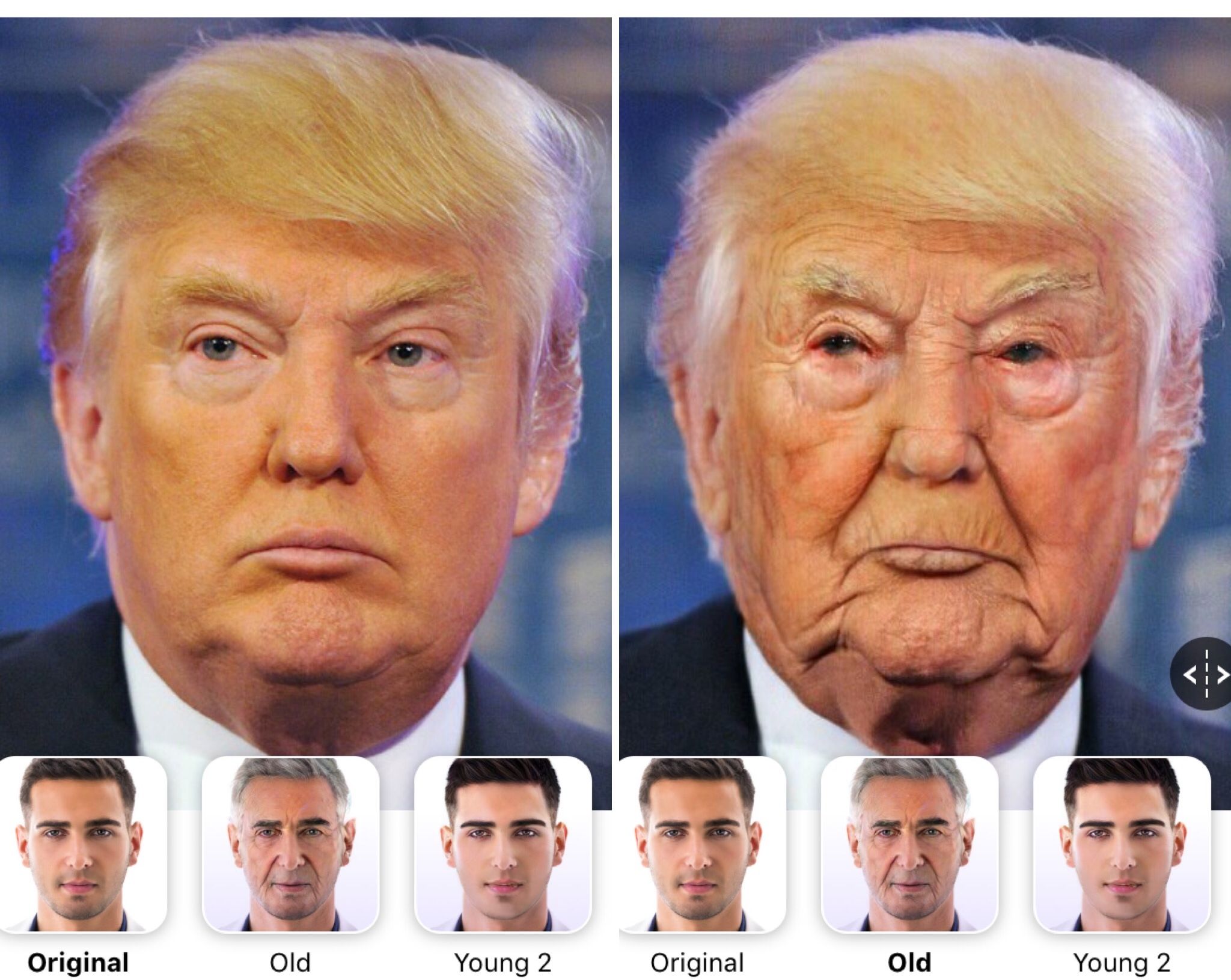 Image may contain: ageing filter, Donald Trump, FaceApp, app, older, filter, younger, old man, funniest, best, example, old woman, celebrities, social media, age changing app, make yourself look older app, free, app store, challenge, Frown, Head, Face, Human, Person