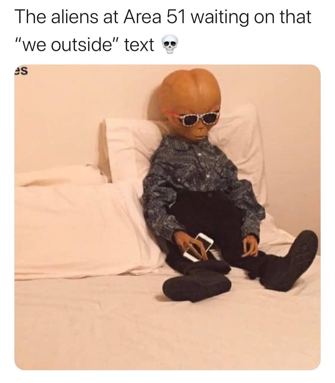 Image may contain: Area 51 memes, Area 51, meme, reaction, twitter, Las Vegas, Nevada, where, origin, explained, what is Area 51, alien, storm, facebook, event, funny, Furniture, Sitting, Cushion, Glasses, Apparel, Clothing, Person, Human, Accessories, Accessory, Sunglasses