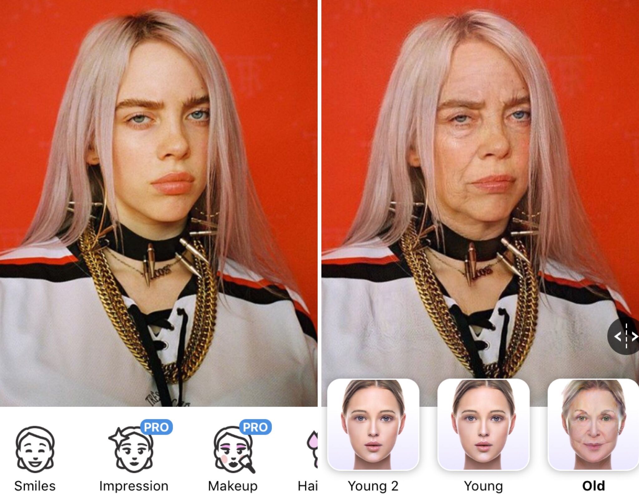 Image may contain: ageing filter, face app, app, older, filter, younger, celebrity, old man, old woman, social media, Instagram, Snapchat, Facebook, Twitter, age changing app, make yourself look older, free, Bille Eilish, ageing, challenge, Hair, Jewelry, Necklace, Accessories, Accessory, Human, Face, Person