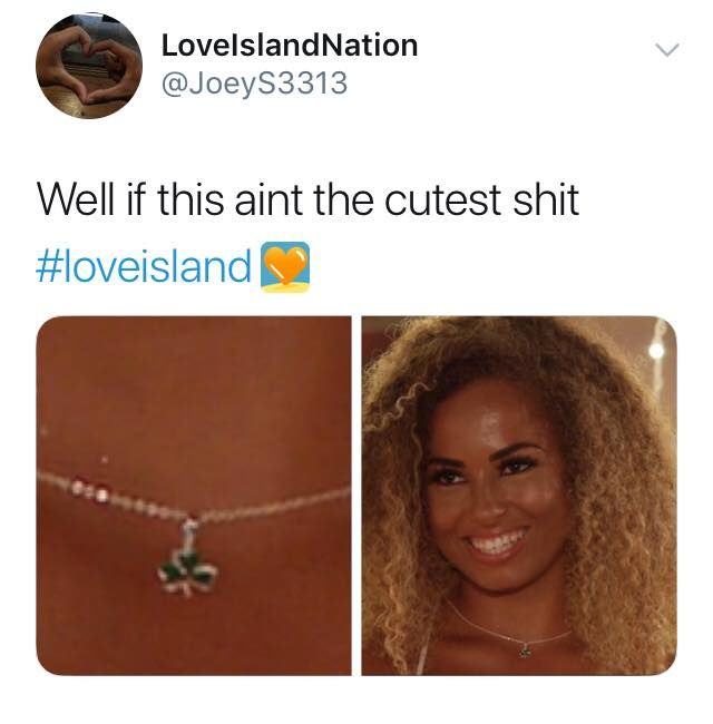 Image may contain: Love Island final memes, Love Island, final, 2019, meme, reaction, twitter, funny, best, Amber, shamrock, necklace, Greg, clover, Hair, Pendant, Human, Person