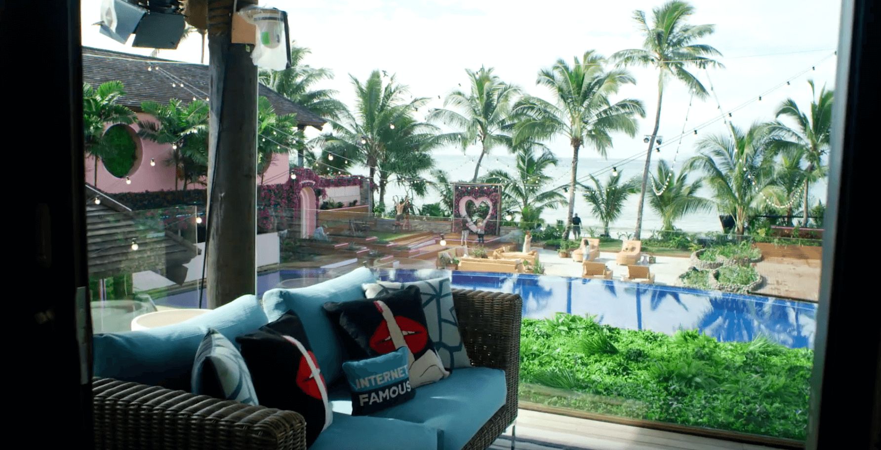 Image may contain: Love Island USA villa, Love Island USA, villa, Love Island, Fiji, view, ocean, sea, CBS, Interior Design, Indoors, Couch, Resort, Hotel, Building, Cushion, Furniture