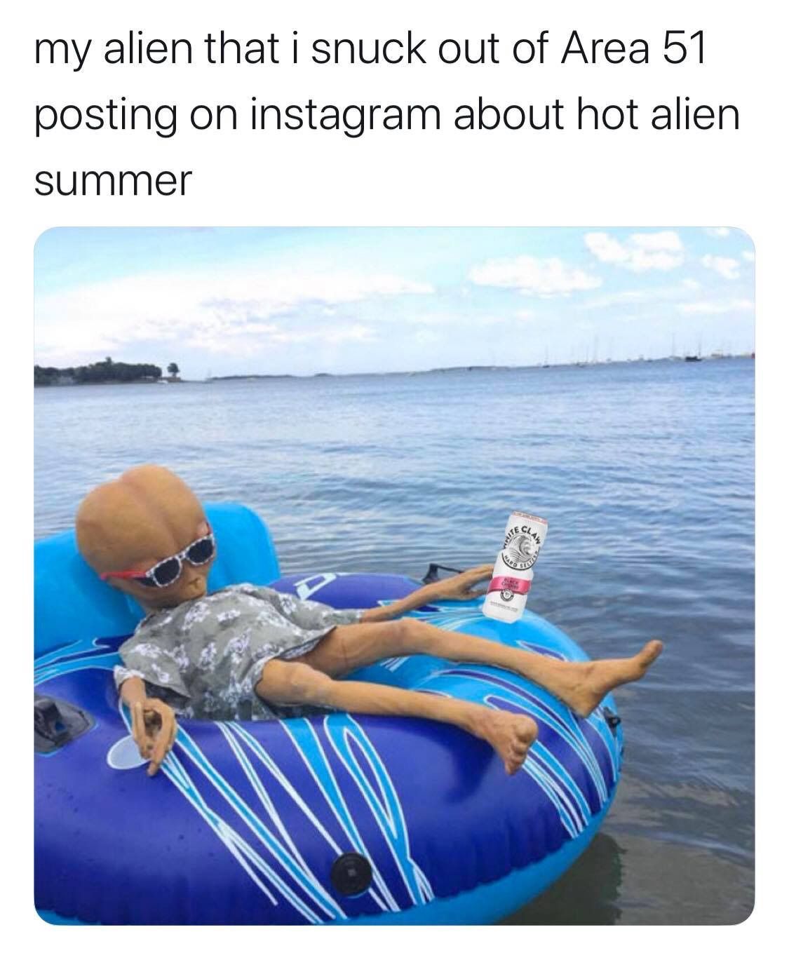 Image may contain: Area 51 memes, Area 51, meme, reaction, twitter, Las Vegas, Nevada, where, origin, explained, what is Area 51, alien, storm, facebook, event, Outdoors, Inflatable, Tubing, Accessories, Accessory, Sunglasses, Clothing, Apparel, Human, Person, Water