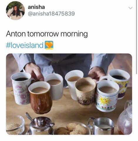 Image may contain: Casa Amor Love Island memes, Love Island, Casa Amor, meme, reaction, tweet, funny, savage, best, Twitter, Anton, Person, Human, Cup, Coffee Cup