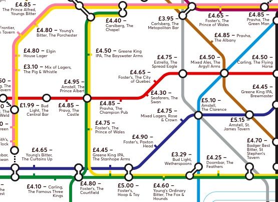 Image may contain: Cheapest pints in London, cheap pints, drinks, cheap, pint, London, Central, West, East, North, South, Map, Underground, tube line, alternative, Bakerloo, Metropolitan, Central, Circle, District, Station, pubs, Plan, Diagram, Plant, Vegetation, Building, Plot