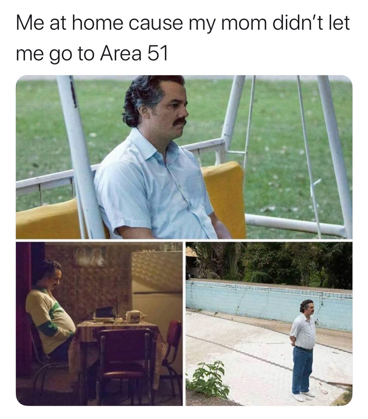 Image may contain: Area 51 memes, Area 51, meme, reaction, twitter, Las Vegas, Nevada, where, origin, explained, what is Area 51, alien, Poster, Advertisement, Jeans, Denim, Wood, Furniture, Chair, Pants, Clothing, Apparel, Human, Person