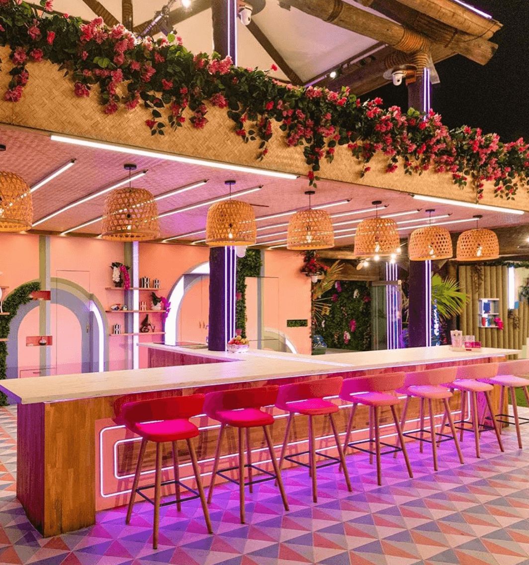 Image may contain: Love Island USA villa, Love Island USA, villa, Love Island, CBS, Fiji, kitchen, dining, Restaurant, Bar Counter, Chair, Pub, Furniture