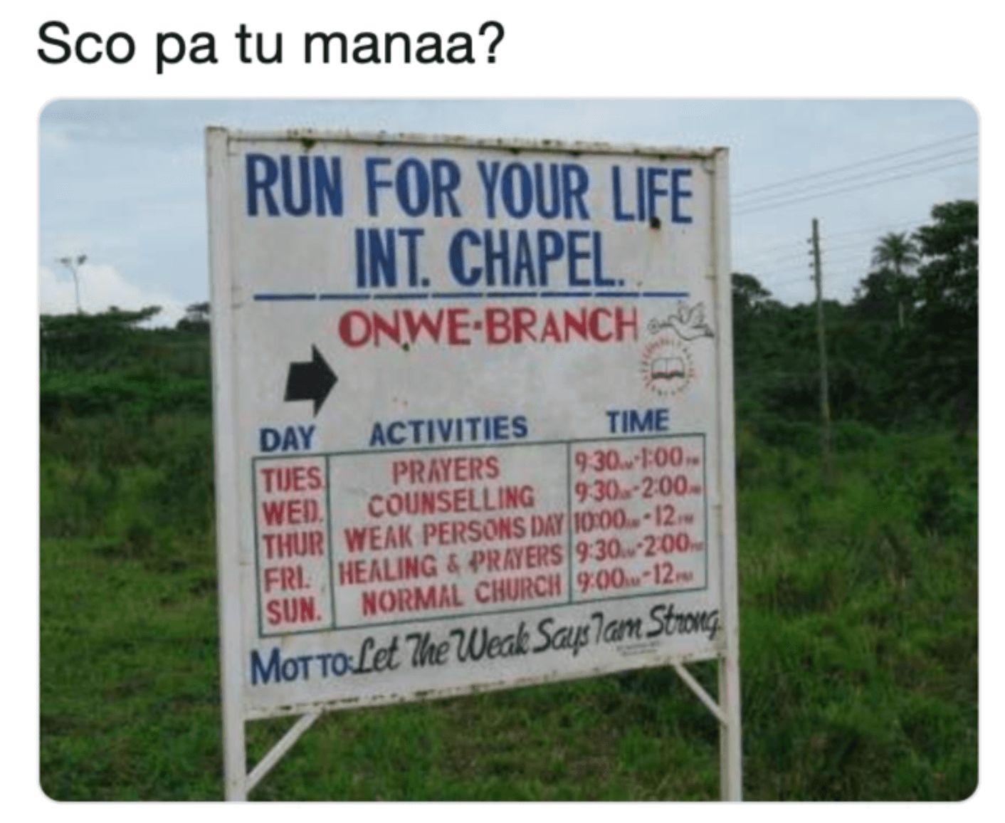 Image may contain: Sco Pa Tu manaa meaning, Sco Pa Tu manaa, what does Sco Pa Tu manaa mean, Twitter, viral, meme, examples, meme, define, origin, first, tweet, funny, Road Sign, Sign, Symbol, Advertisement, Poster